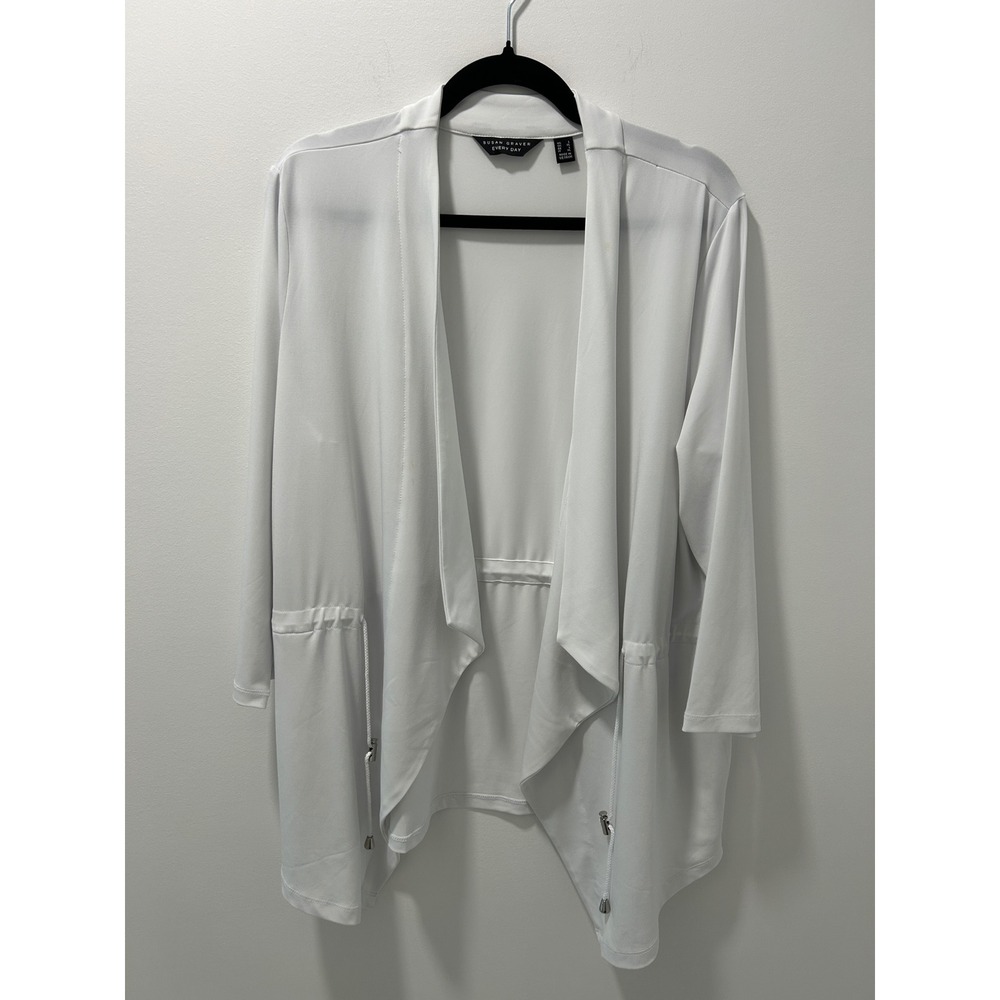Susan Graver Every Day White Draped Open Front Drawstring Cardigan Jacket Large